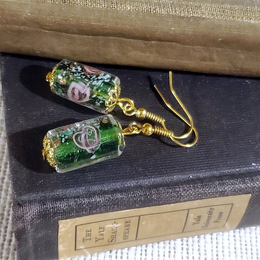Green Murano Lampwork Glass Flower Inside Vintage Beads Round Tube Earrings